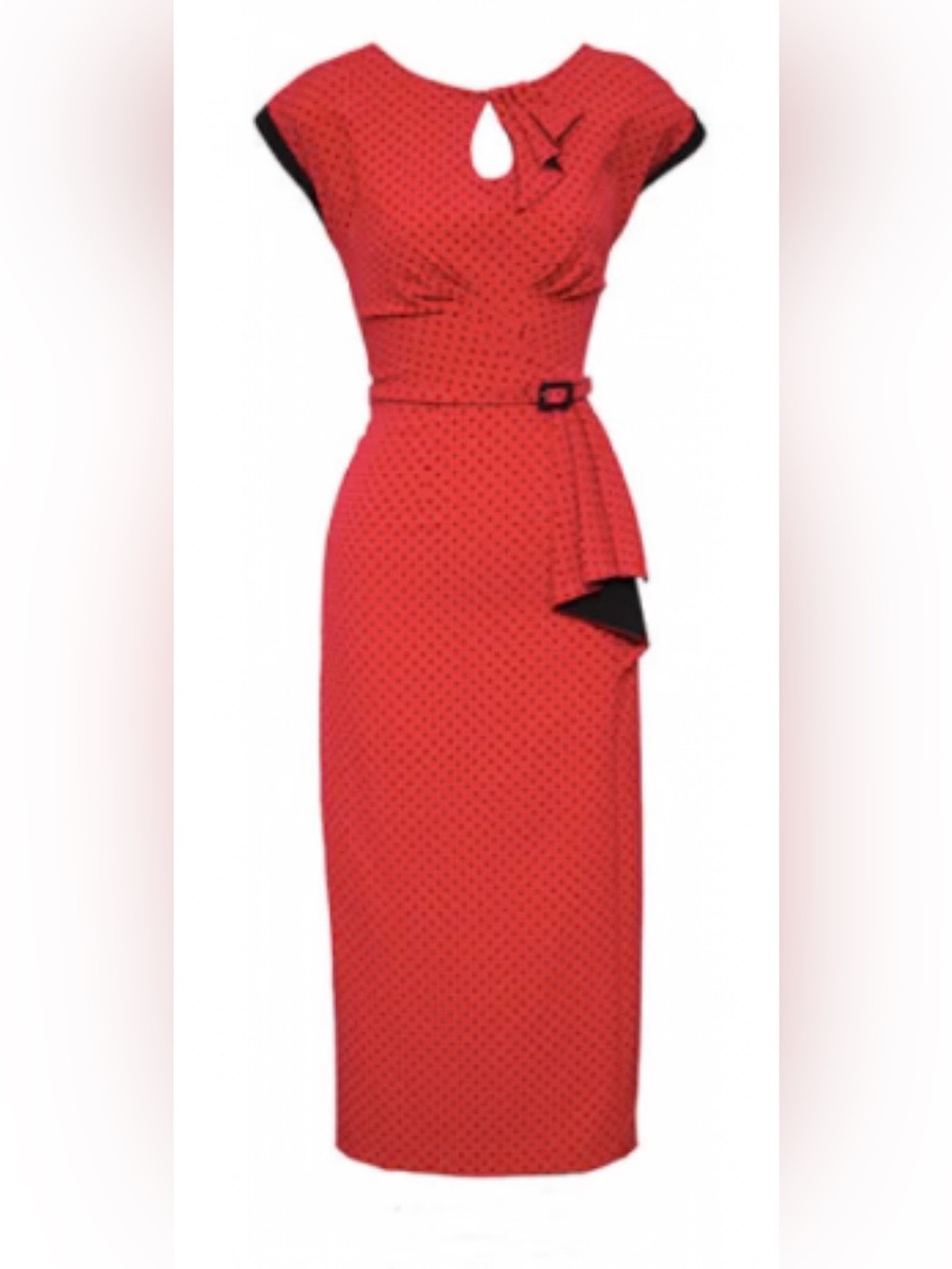 Stop Staring! Red Black Polka Dot Pinup Wiggle Pencil Dress Belted Sz Small - Picture 10 of 10